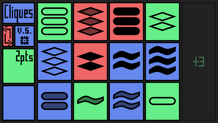 Cliques screenshot showing colored cards with markings on them