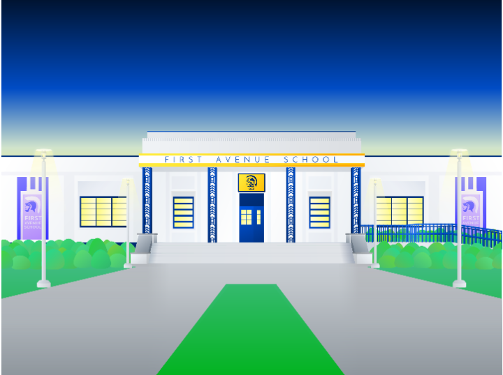 Vector graphics illusration of the front entrance to First Avenue Middle School, with lots of gradients.