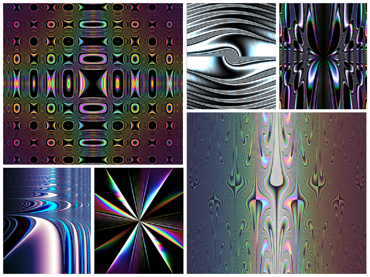 Six swirling mathematical equations in a grid